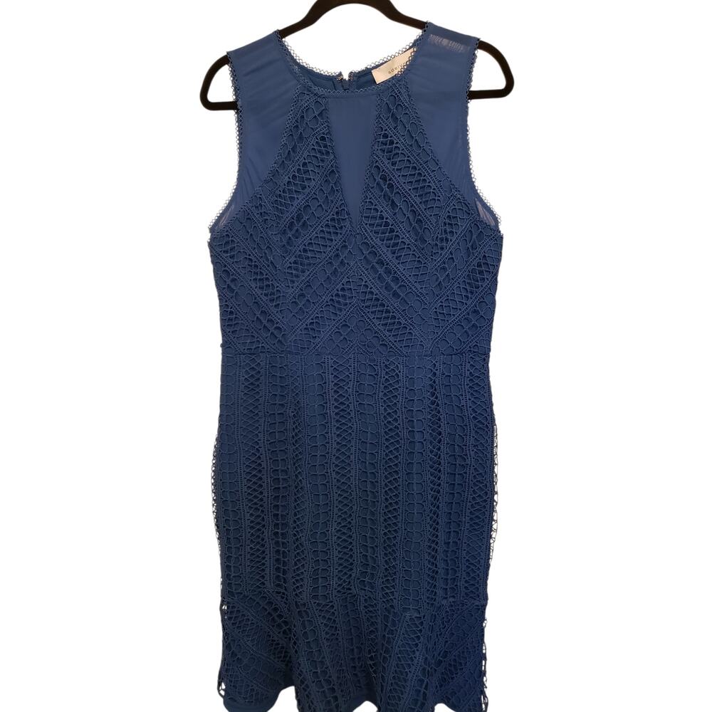 Adelyn Rae Blue Lace Fitted Dress Large Knee Length